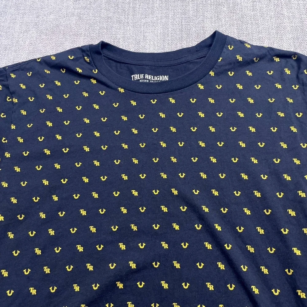 True Religion T Shirt Mens L Navy Blue Allover Monogram Short Sleeve Crew Neck